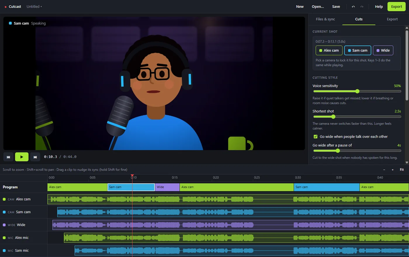 Cutcast: video preview, cut settings and a multicam timeline