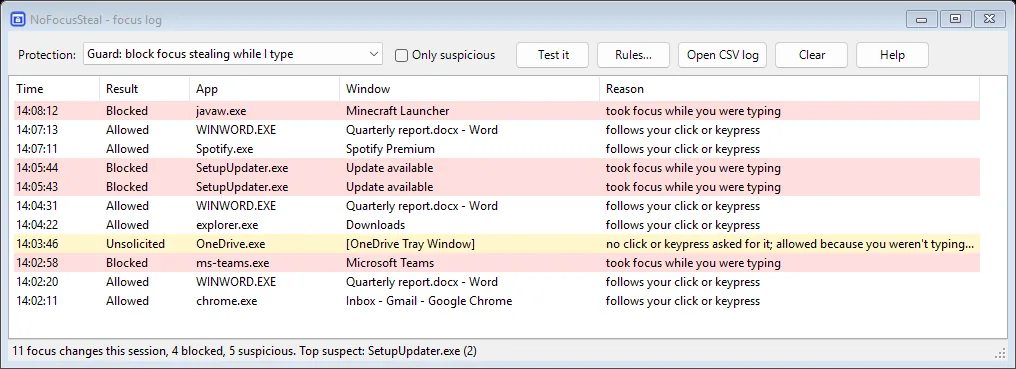 NoFocusSteal's focus log listing apps that took focus
